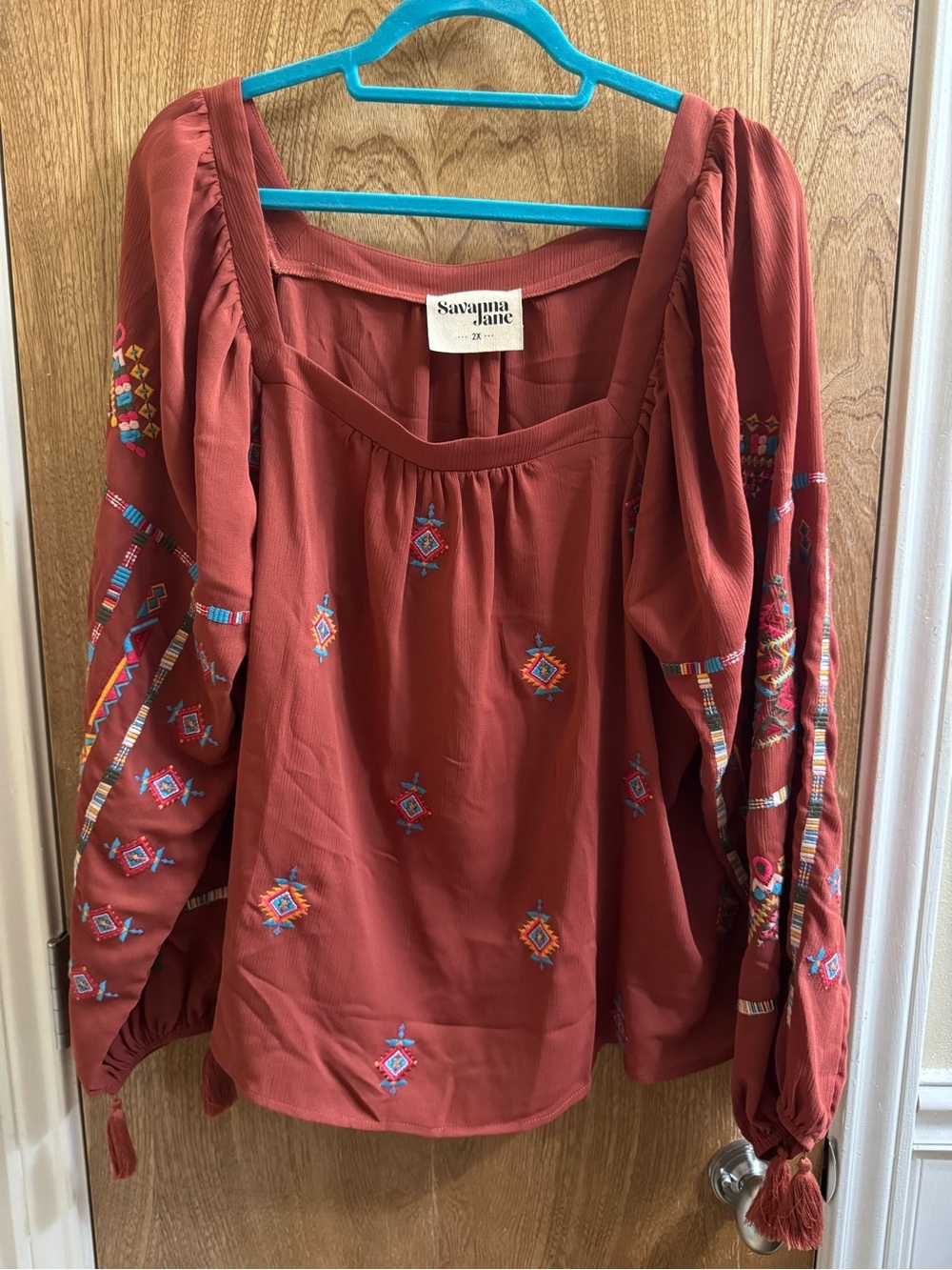 Savanna Jane Terracotta Embroidered Geometric Top Long Tassle Sleeve Boho 2X